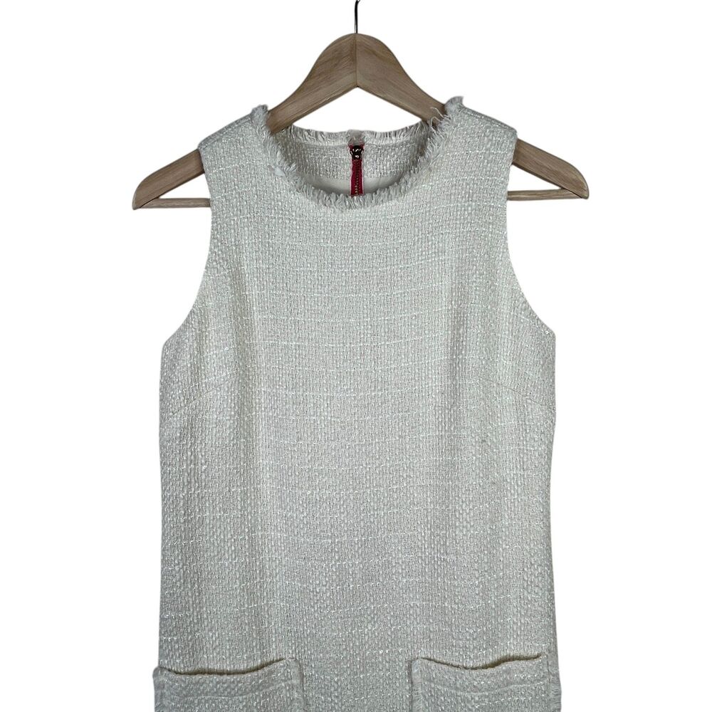 Sail To Stable Tweed Sleeveless Mini Dress Sz 0 Cream Raw Hem Neck Glam-Chic - Picture 3 of 11